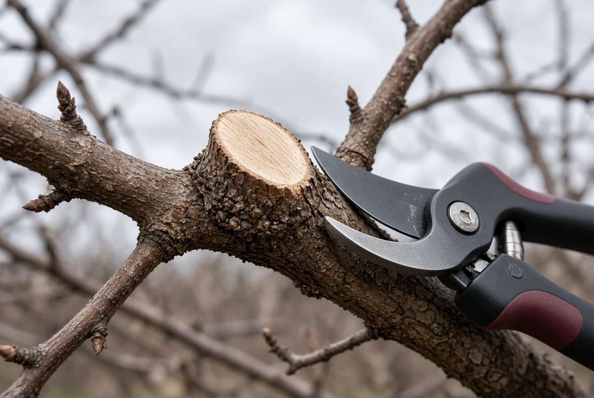 Close-up of a proper, clean pruning cut near the branch collar of a dormant crabapple tree.