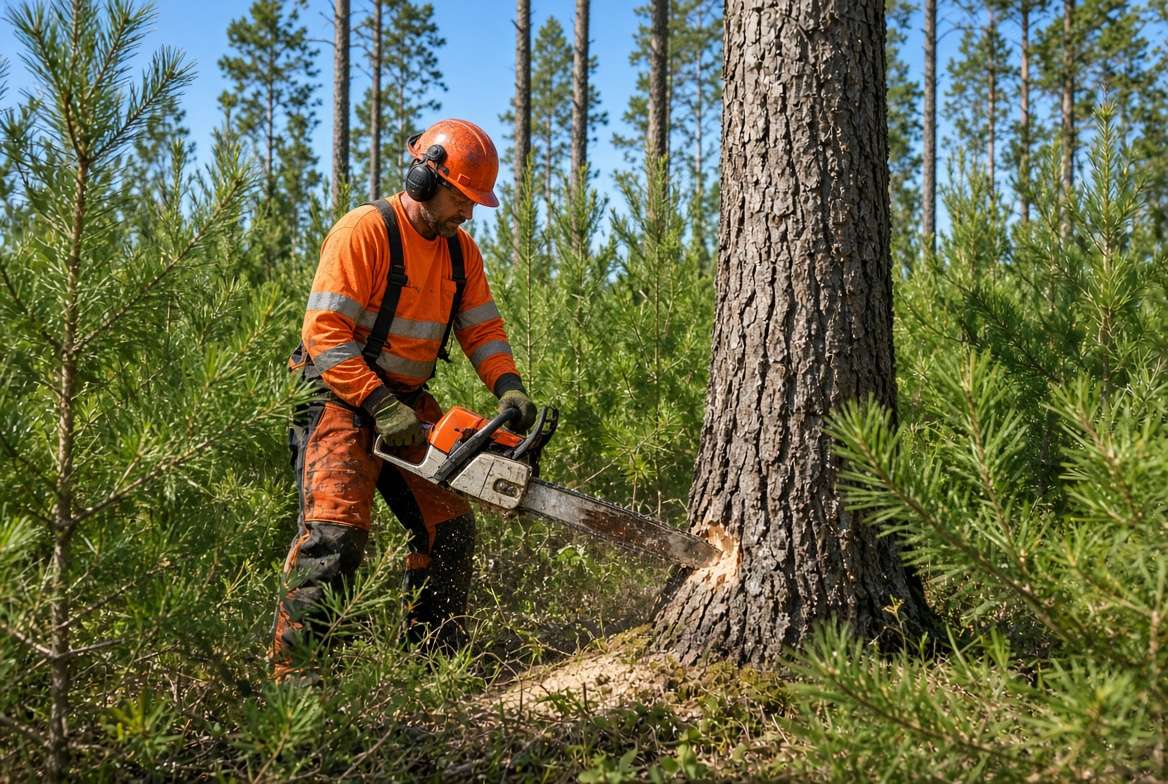 A logger in safety gear performing a precise removal cut on a seed tree surrounded by a dense stand of naturally regenerated young pine saplings.