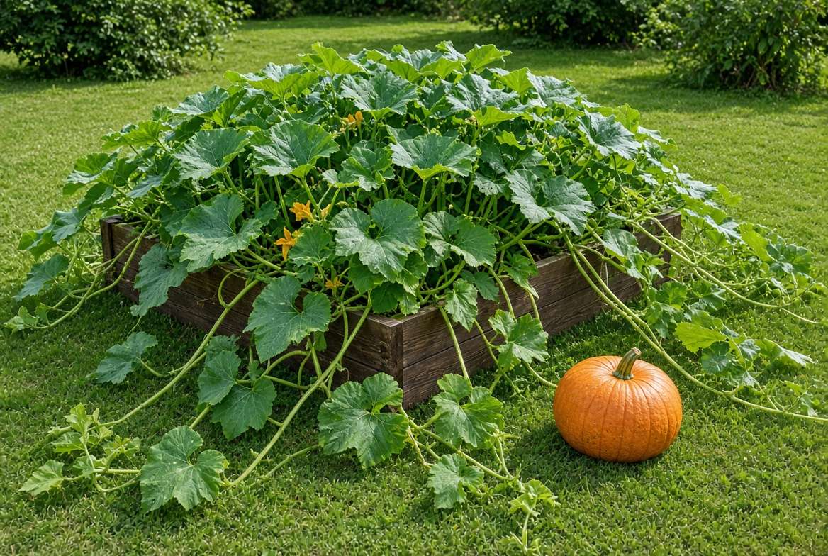 An overgrown pumpkin vine spilling out of a small raised garden bed and taking over a lawn.