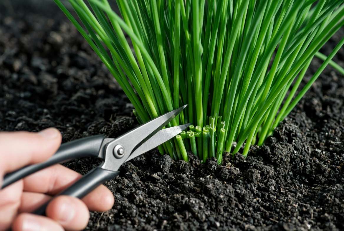 A close-up shot showing how to harvest chives correctly by cutting a bunch of leaves one to two inches above the soil lin