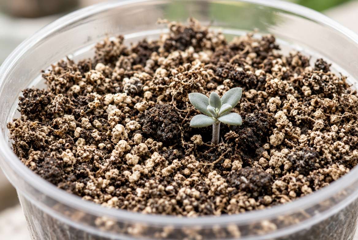 Macro view of ideal, fast-draining sandy loam soil mix for a Christmas Tree Palm (Adonidia merrillii).