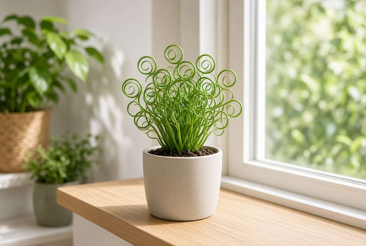 A healthy Albuca spiralis Frizzle Sizzle plant with tight green coils sitting on a sunny windowsill in bright, diffused light.