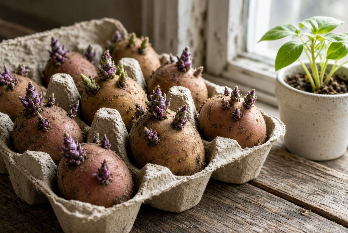 Certified seed potatoes with short, dark green sprouts (chits) pre-sprouting in an egg carton on a wooden windowsill before planting.