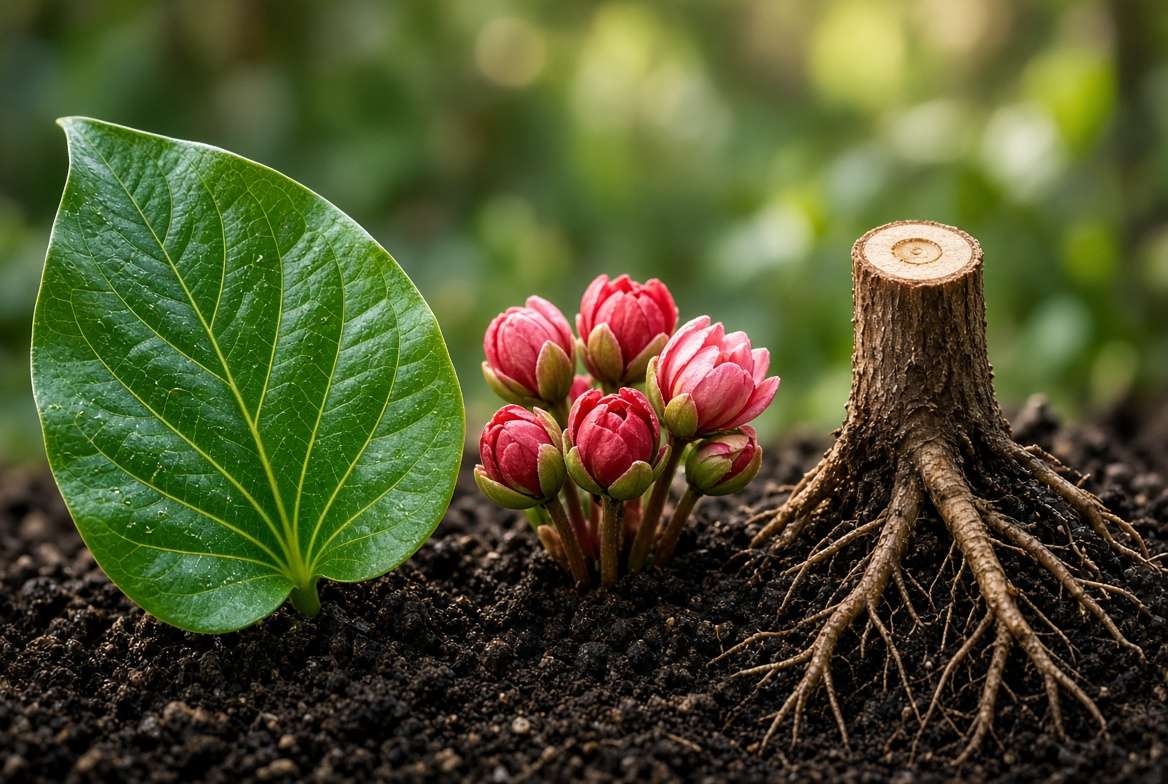 Photographic metaphor for the roles of Nitrogen Phosphorus and Potassium in plant growth showing leaves flowers and roots