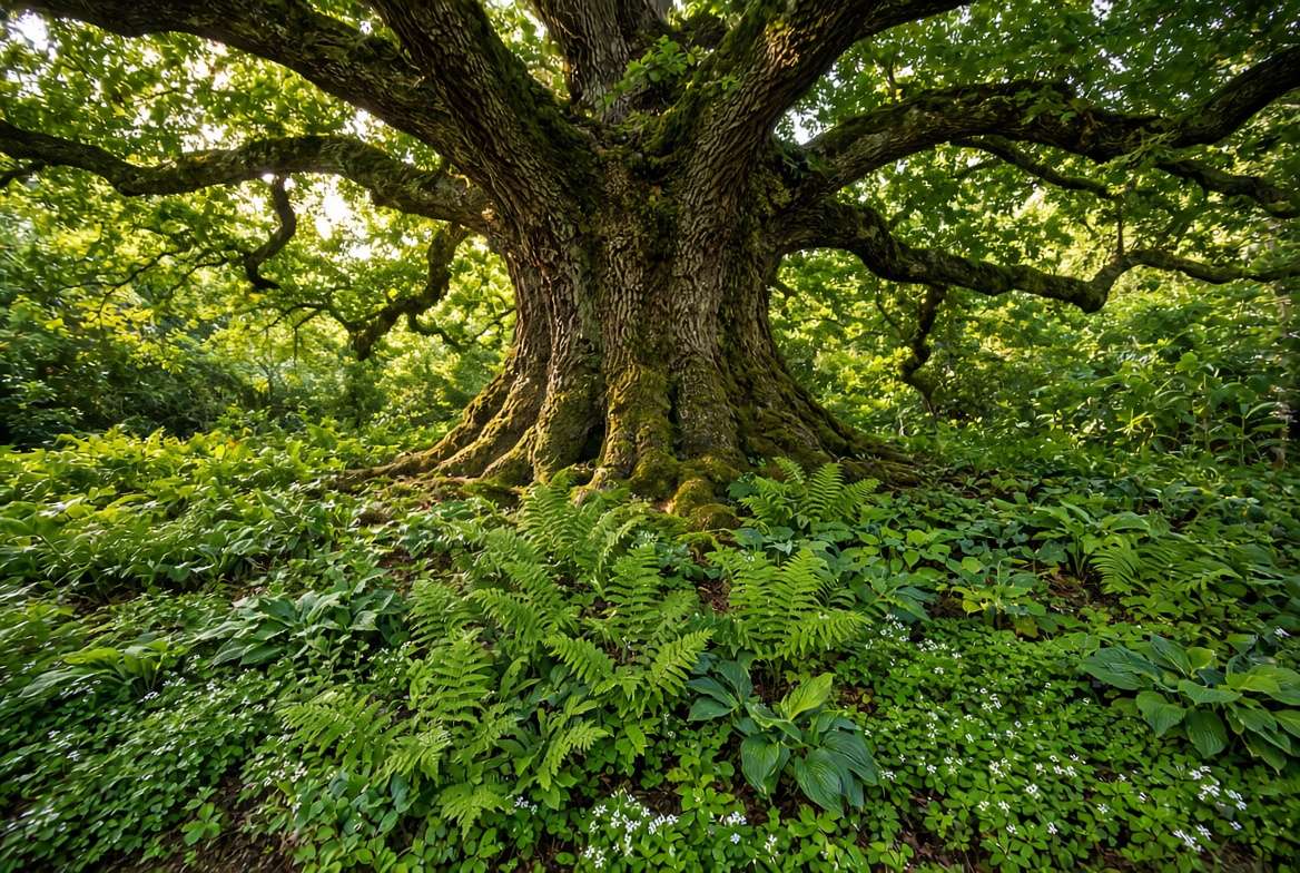 A lush woodland garden under a mature tree canopy featuring ferns and shade-loving perennials.
