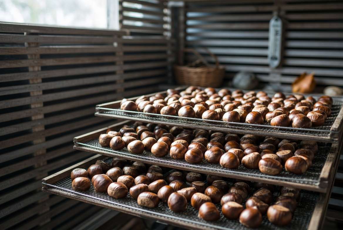 Chestnuts spread out on wire mesh trays for natural air curing and flavor development.
