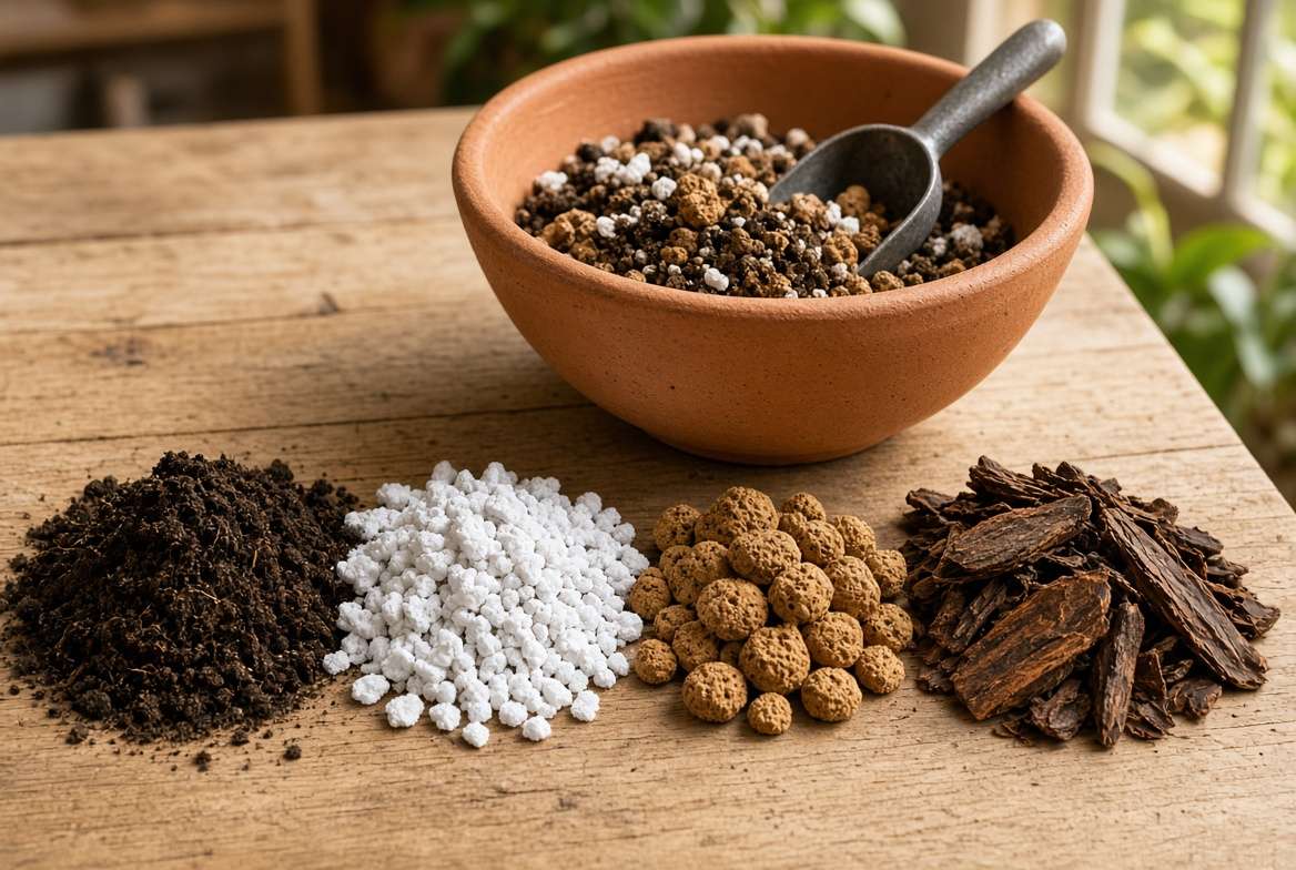 An overhead view of four separated ingredients (soil, perlite, pumice, and orchid bark) for a custom, chunky, airy Money Tree potting mix recipe.
