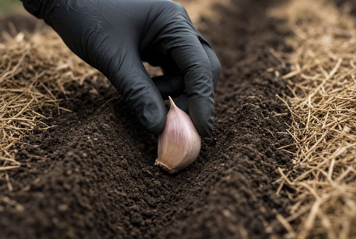 Gloved hand placing a large garlic clove pointing up into rich garden soil furrow.