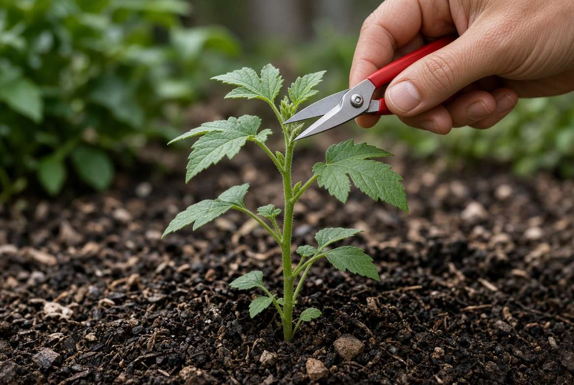 Precise close-up of small pruning snips pinching the central leader of a young roselle plant to encourage branching.