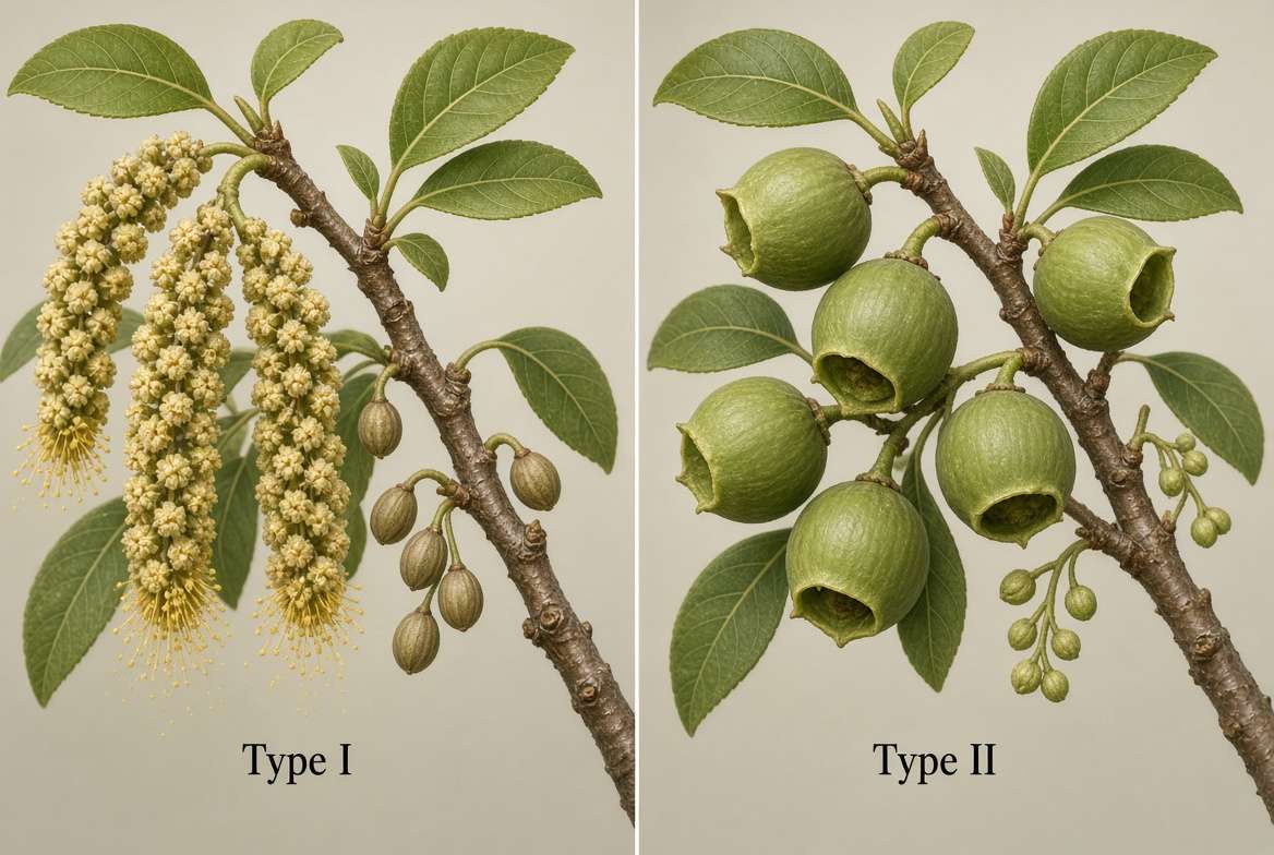 A photorealistic diagram comparing Type I and Type II pecan tree flowers, illustrating how self-pollination is avoided.