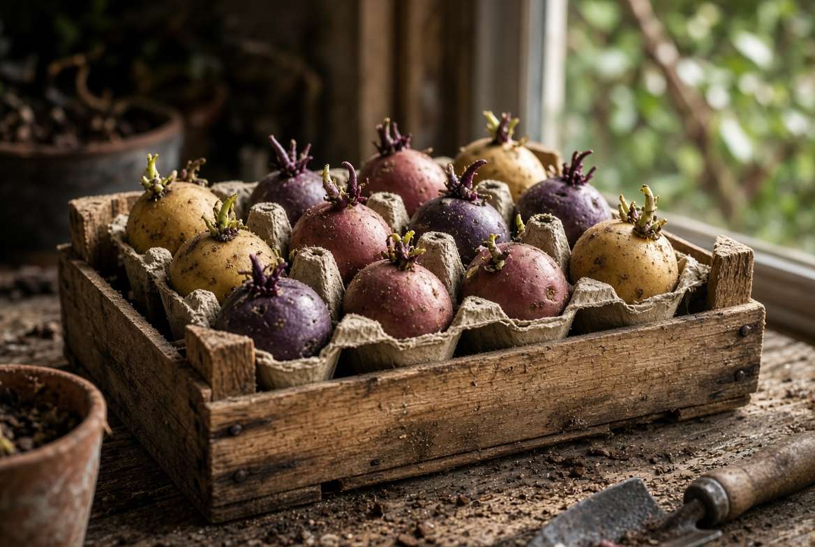 A close-up view of certified seed potatoes in cardboard egg cartons chitting, showing strong purple and green sprouts ready for planting