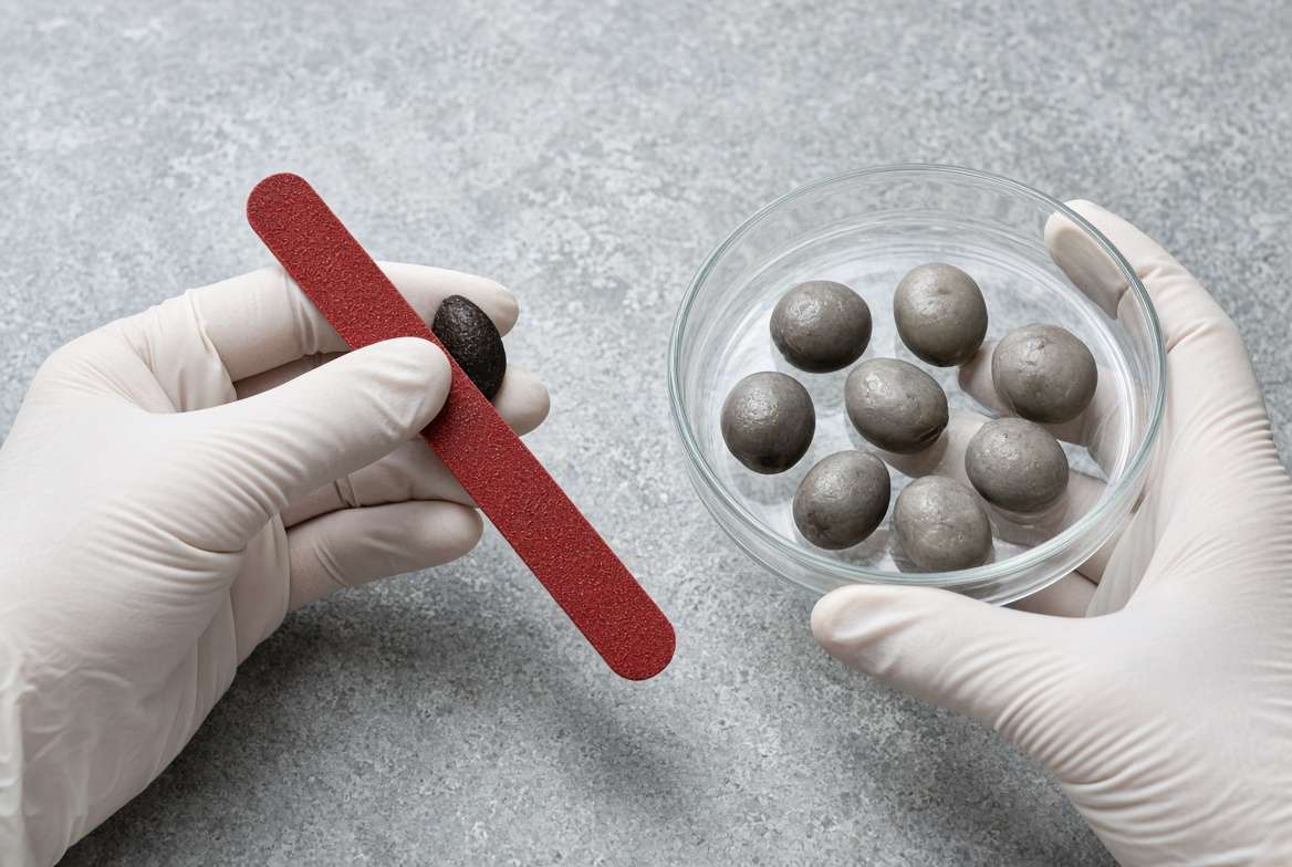 Close-up demonstration of roselle seed scarification using an emery board (left) and soaked, swollen seeds in a dish (right).