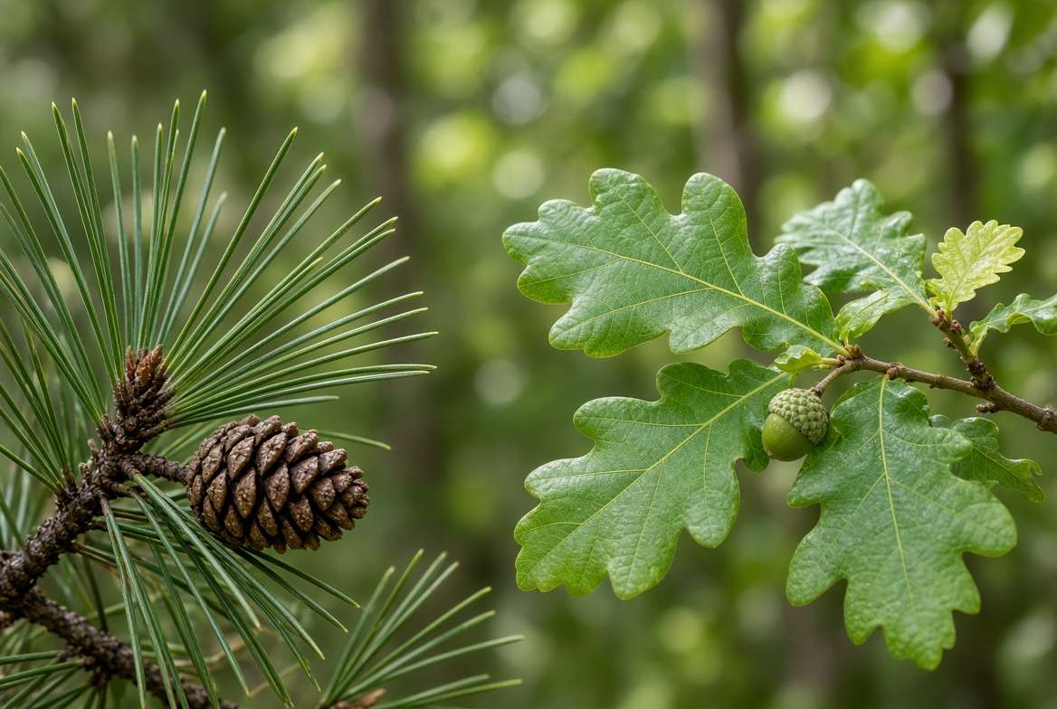 Close-up details of coniferous needles and pinecone next to a deciduous leaf and acorn.