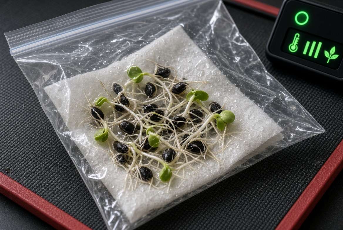 Watermelon seeds germinating successfully in a clear plastic bag with a damp paper towel and healthy taproots, placed on a seedling heat mat.