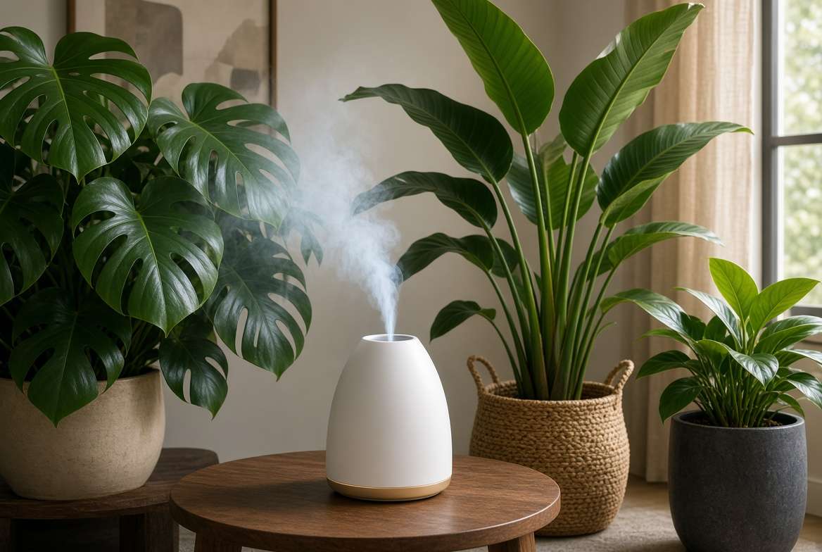 A modern humidifier releasing mist near a grouping of large-leaf tropical plants.