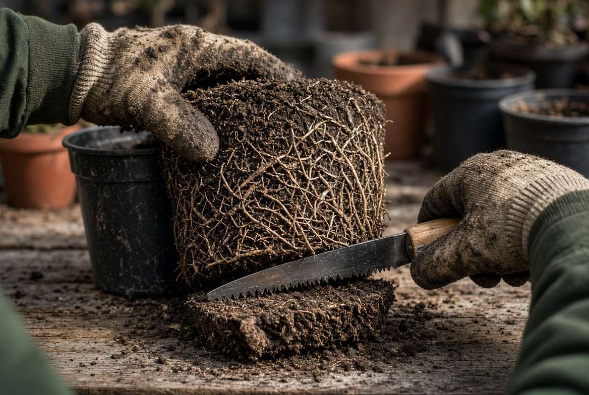 Close-up shot of a gardener's hands root pruning a dormant fig tree pulled from its container.