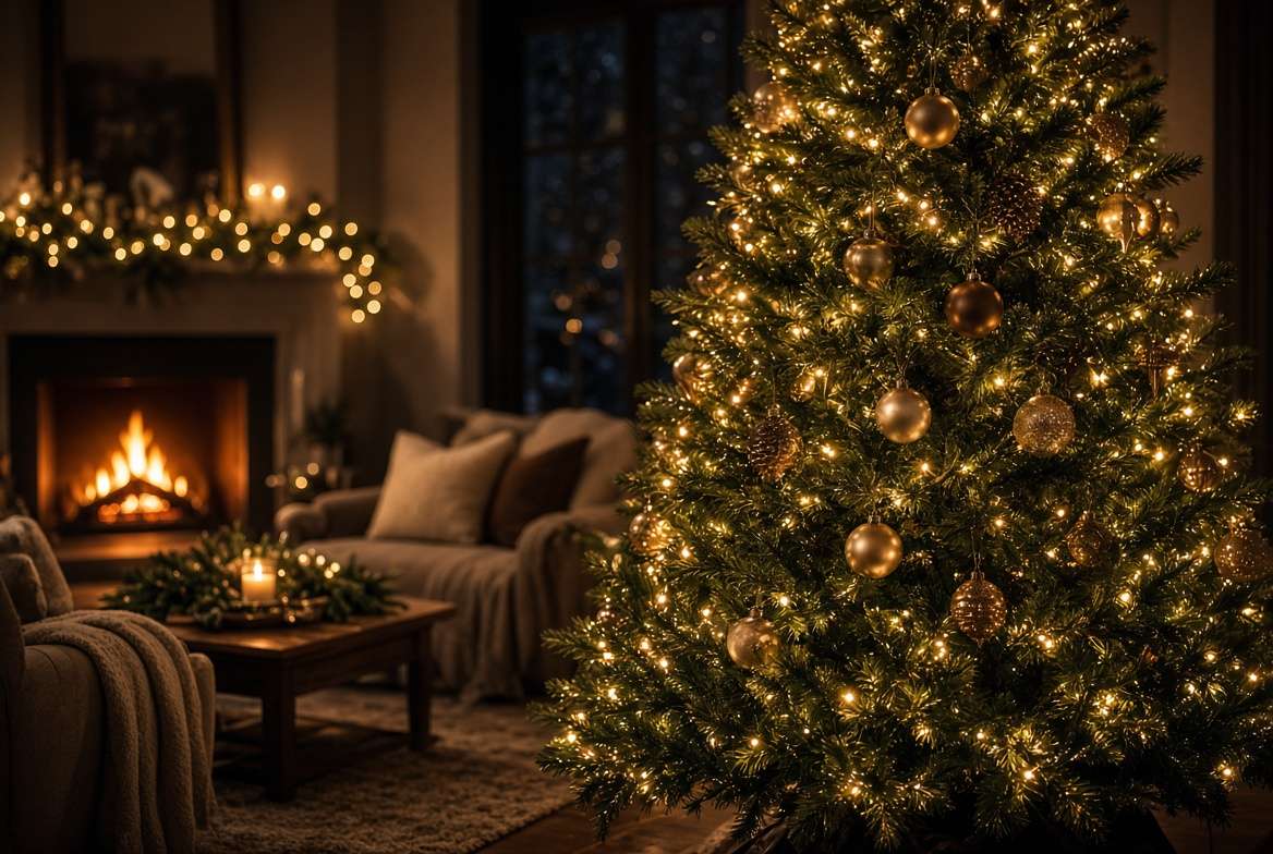 A beautifully illuminated 7ft Christmas tree glowing with a rich, professional layer of warm holiday lights in a cozy living room.