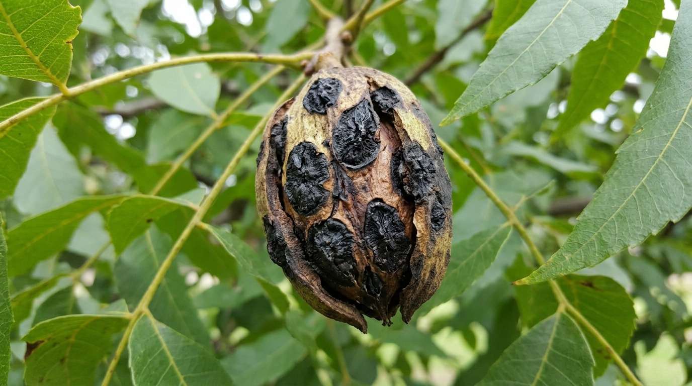 A close-up photo of a black, shriveled pecan nut destroyed by the fungal disease known as pecan scab.