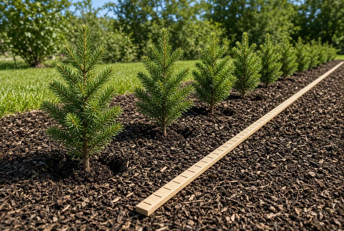 Young privacy trees planted in a staggered zig-zag pattern in a mulch bed to illustrate correct spacing for dense growth.