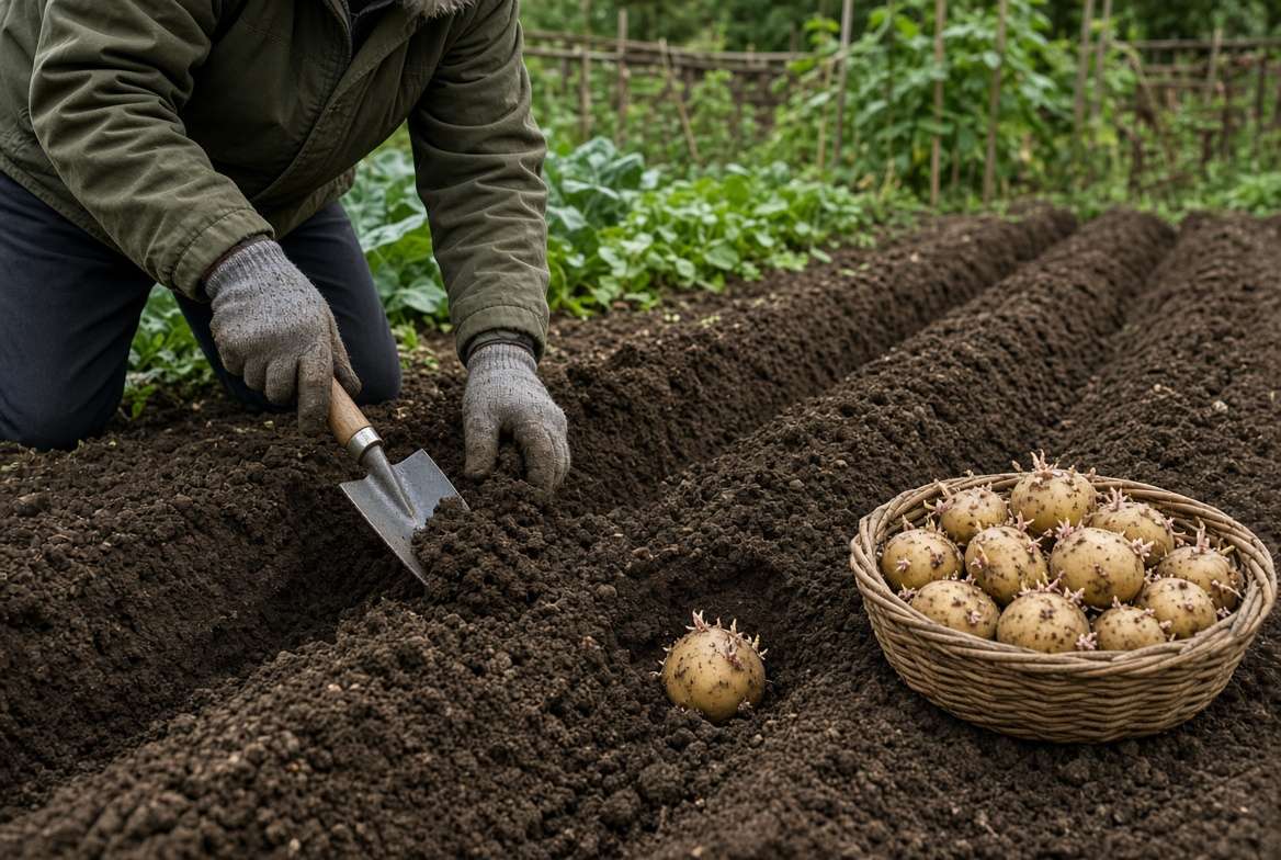 A gardener in Michigan mounding (hilling) rich soil over a newly planted seed potato within a garden trench.