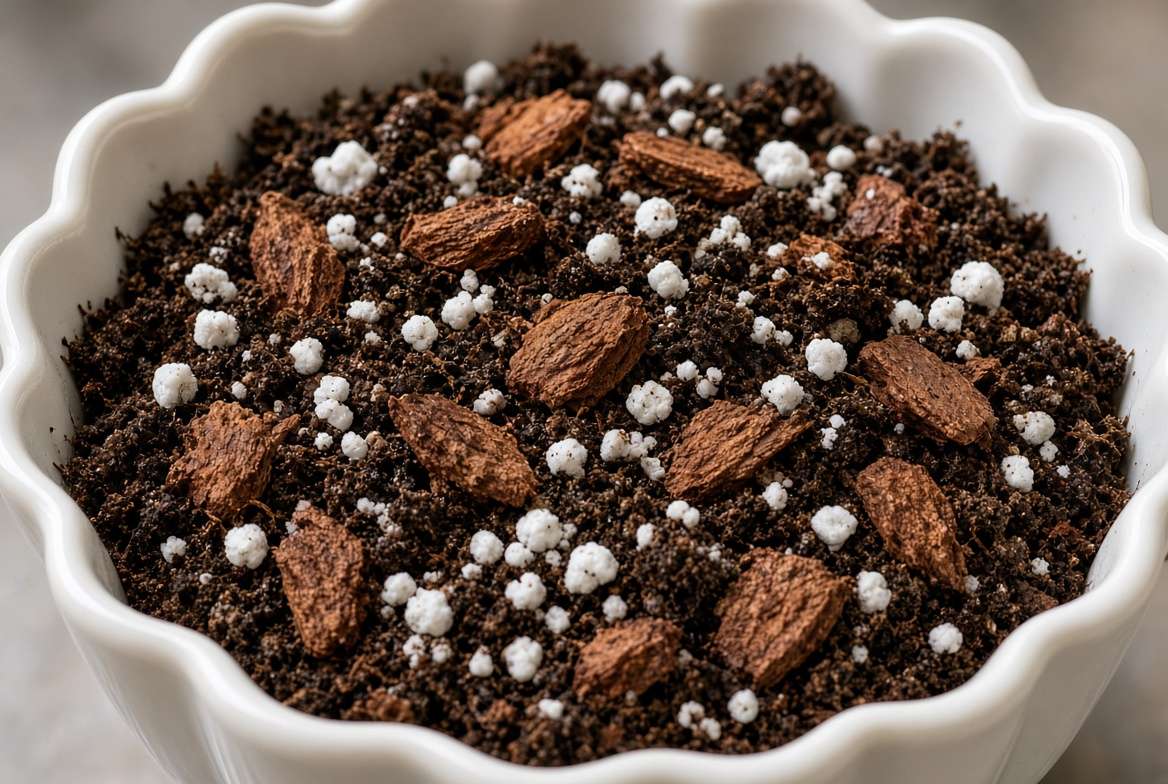 A detailed close-up shot of the recommended airy indoor potting soil mix texture, featuring visible chunks of orchid bark, white perlite, and dark coir, resting within a white scalloped planter.