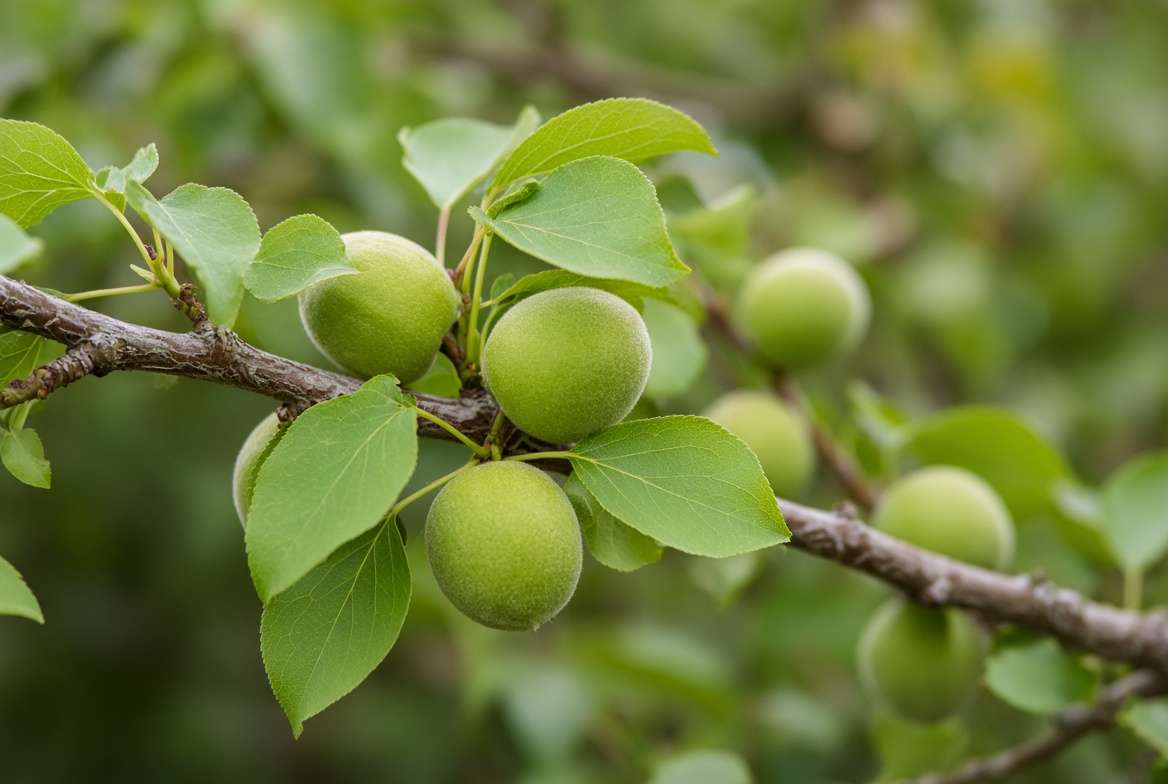 Small green apricot fruit on a branch waiting to be thinned