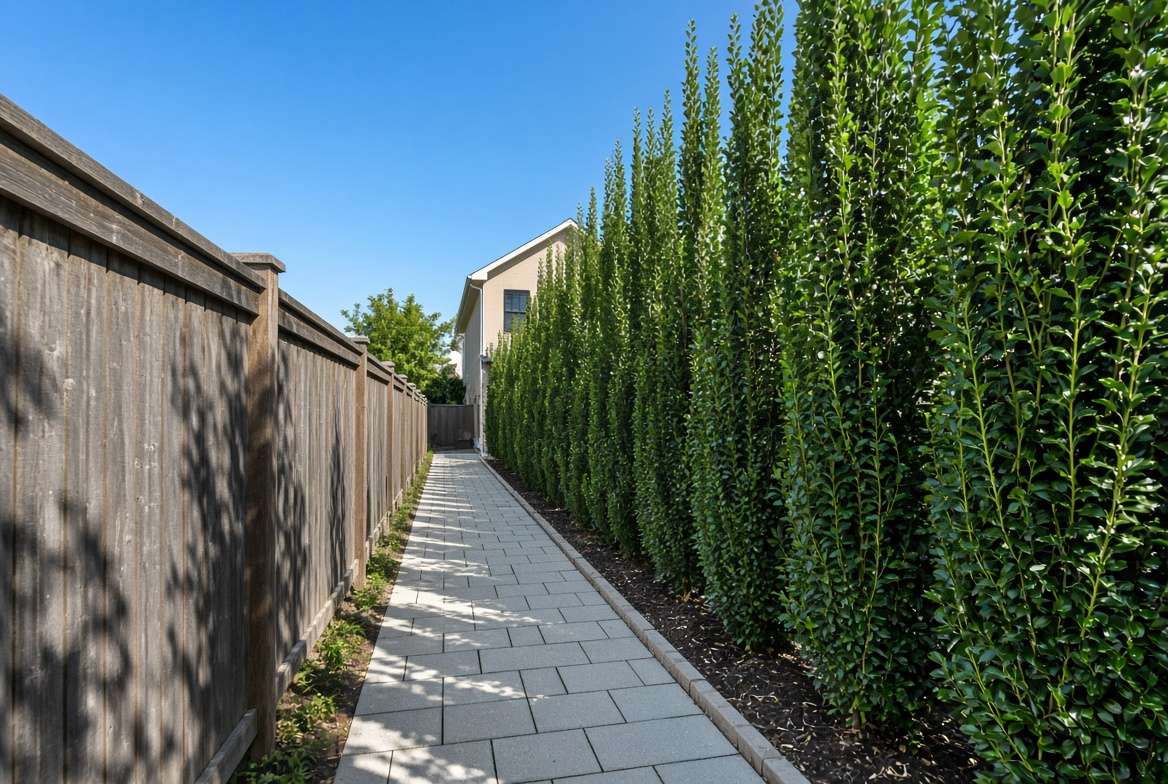 A narrow residential side yard walkway flanked by a tall privacy screen of Sky Pencil Hollies and Arborvitae trees.