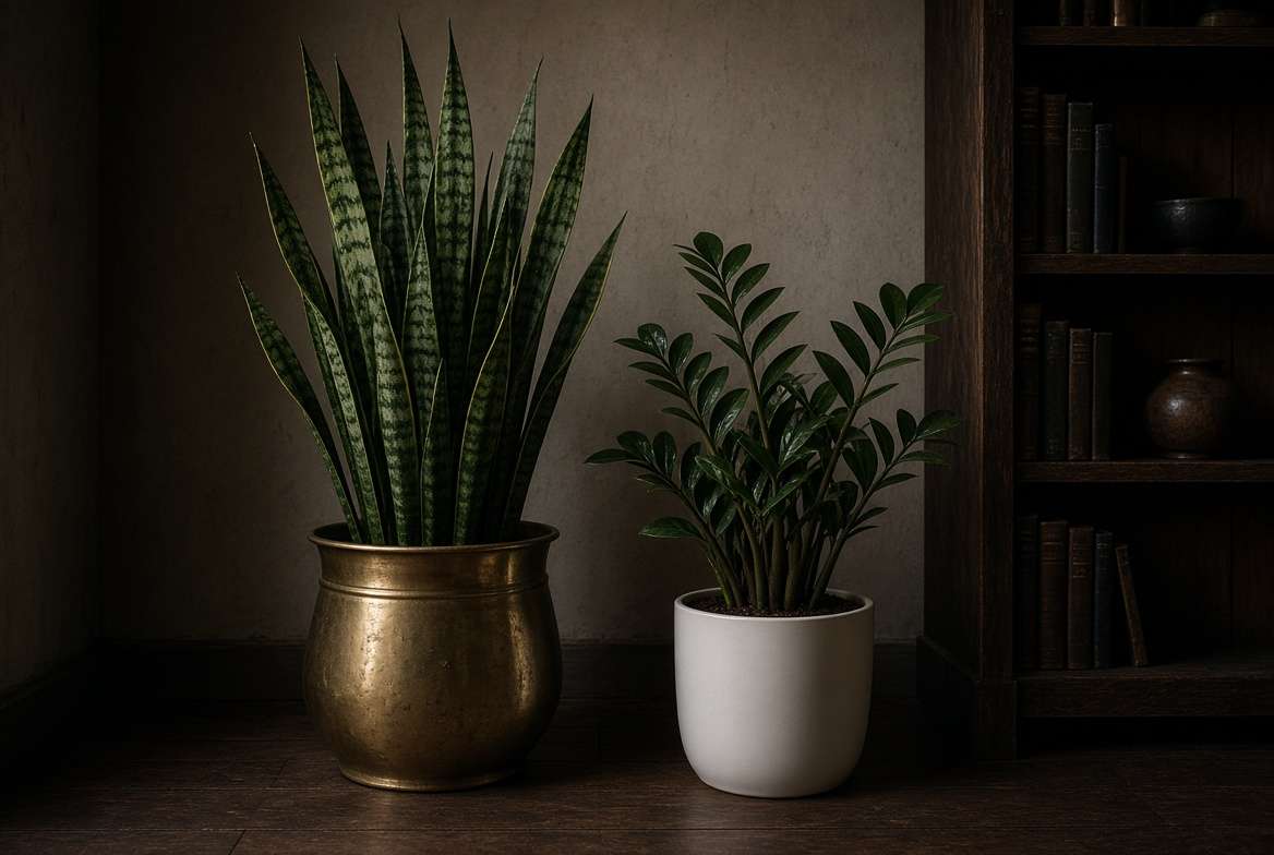 A thriving Snake Plant and ZZ Plant in a dim indoor apartment corner demonstrating low-light tolerance.