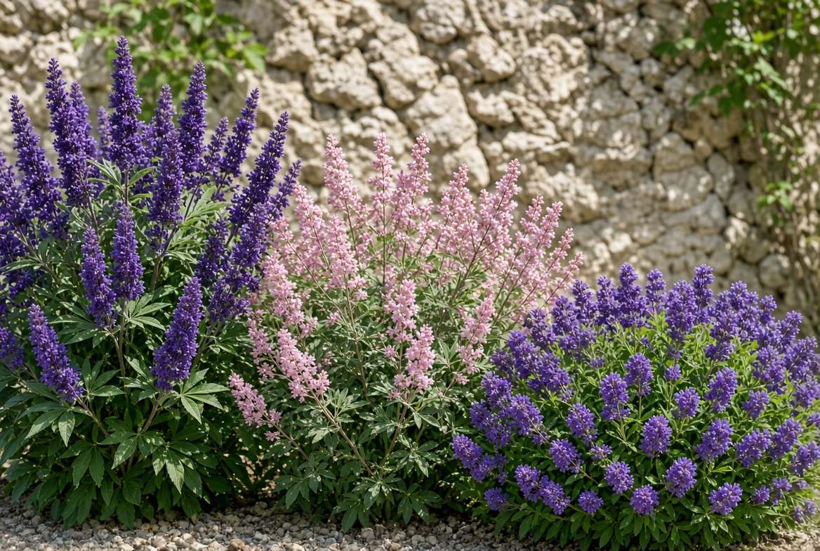 Side-by-side comparison of three distinct Vitex tree cultivars in Texas: large 'Shoal Creek' purple blooms, 'Salinas Pink', and dwarf 'Blue Puffball'.