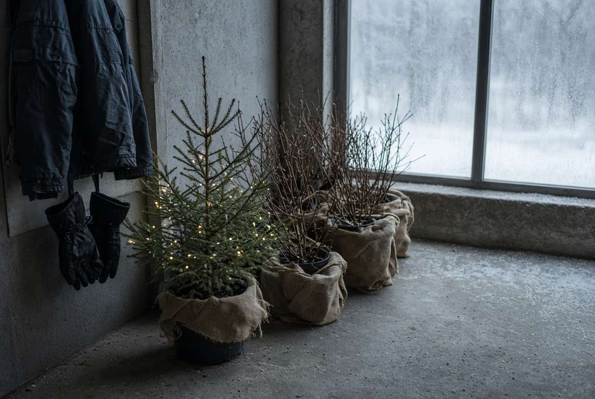 A living Christmas tree resting in a cold garage as part of its reverse acclimation process outdoors.