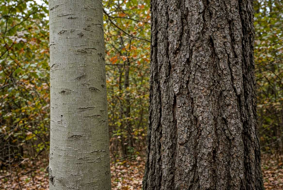 Side-by-side comparison of smooth Beech bark versus thick White Oak bark in an autumn forest.