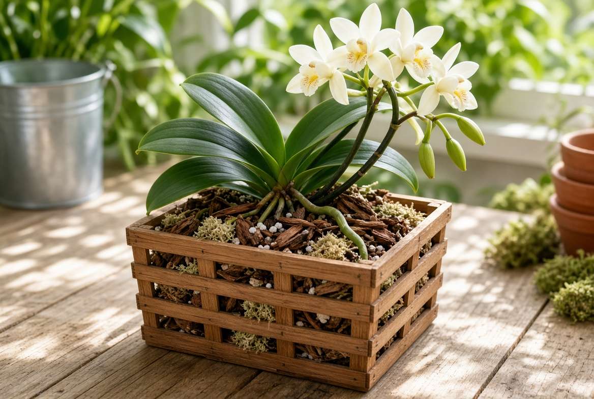 A healthy vanilla bean plant potted in a highly aerated wooden slatted orchid basket to prevent root rot.