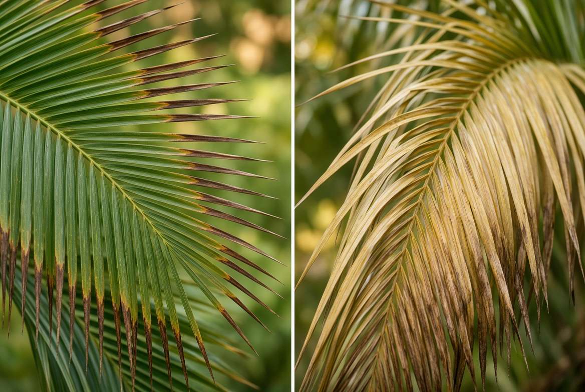 Close-up diagnostic comparison of brown tips (dehydration) and yellowing fronds (overwatering) on a Christmas Tree Palm.