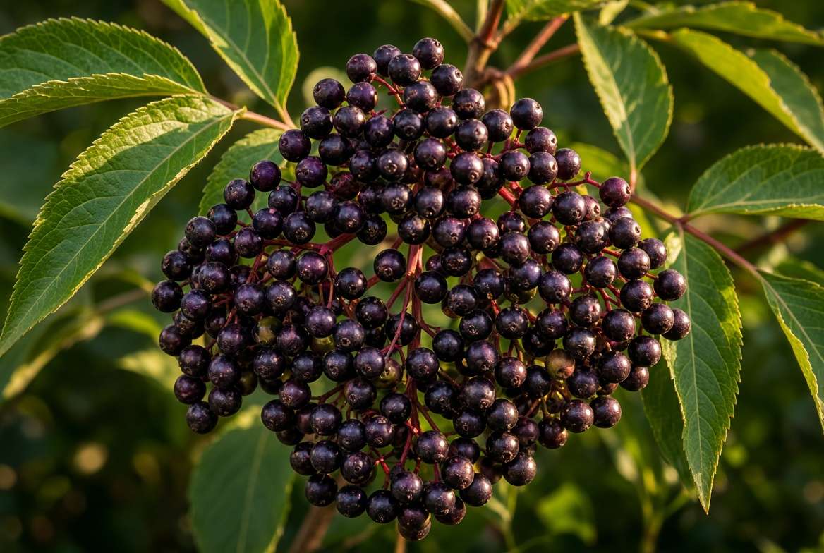 Close-up photograph of a large, heavy cluster of ripe 'Bob Gordon' elderberries on a high-yielding plant.