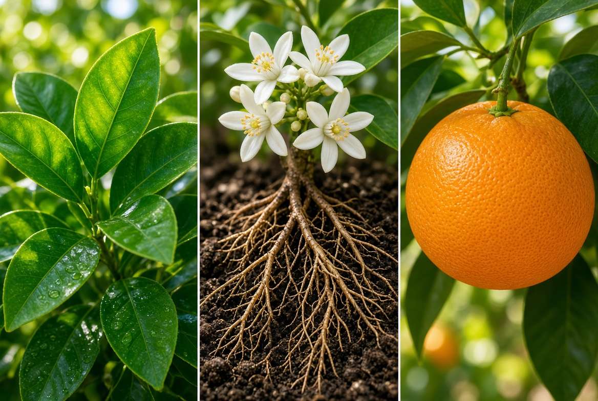 A botanical visual guide illustrating the components of NPK for citrus: lush leaves (Nitrogen), roots and blossoms (Phosphorus), and high-quality fruit (Potassium).