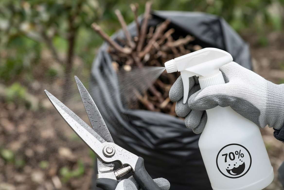 An expert arborist sterilizing pruning shears with alcohol to prevent chestnut blight spread.
