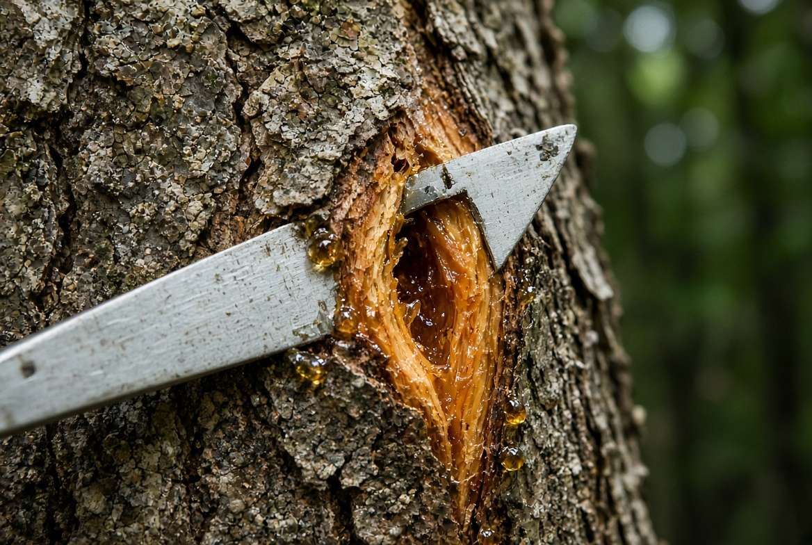A macro photo showing mechanical damage to tree bark and cambium layer from a climbing stand tooth