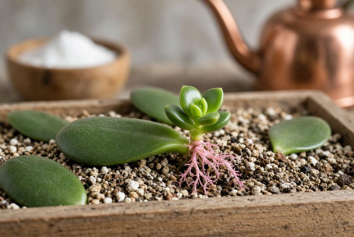 A macro photo showing tiny roots and a baby plant emerging from a Jade plant leaf cutting during propagation.
Image Suggestion 4: Pruning for Shape and Structure (Bonsai Visual)
Article Section: The Art of Pruning and Shaping: Creating a Jade Bonsai βοΈπ³
Image Prompt: A detailed close-up shot of an older, structurally complex Crassula ovata treated as a traditional bonsai tree, resting on a dark slate surface. The plant features a massively thick, textured brown trunk and a dense, perfectly manicured, umbrella-shaped canopy of healthy green leaves. The composition emphasizes the contrast between the rough, aged trunk and the delicate leaves. Bright, directional light highlights the sculptural form. A small, pair of sharp Japanese bonsai shears lies blurred in the immediate foreground. The background is a minimalist, tranquil green wall. No text on image. Aspect ratio 16:9.
Short Note: Insert this image directly under the main heading for "The Art of Pruning and Shaping" section.
SEO-Friendly Image Alt Text: An older, sculptural Jade plant styled as a bonsai with a thick, woody trunk and dense canopy.
Image Suggestion 5: The Ultimate Winter Goal (The Blooming Jade)
Article Section: Advanced Jade Plant Care: Seasonal Rhythms ποΈ (Specifically near the winter bloom discussion)
Image Prompt: A stunning close-up photograph of a very mature, massive Crassula ovata shrub, capturing a moment of profuse blooming. The dense, deep green foliage is almost entirely obscured by hundreds of compact, delicate clusters of tiny, star-shaped, pale pink and white flowers. Natural, cool morning sunlight hits the flowers, causing them to sparkle against the dark leaves. The entire plant looks healthy and robust. The setting suggests a bright, cool greenhouse or sunroom in winter. No text on image. Aspect ratio 16:9.
Short Note: Place this image at the end of the "Seasonal Rhythms" section, perfectly illustrating "The Secret to Blooms" described in the final winter care paragraph.
SEO-Friendly Image Alt Text: A close-up view of hundreds of delicate pink and white star-shaped flowers blooming on a mature Jade plant shrub.