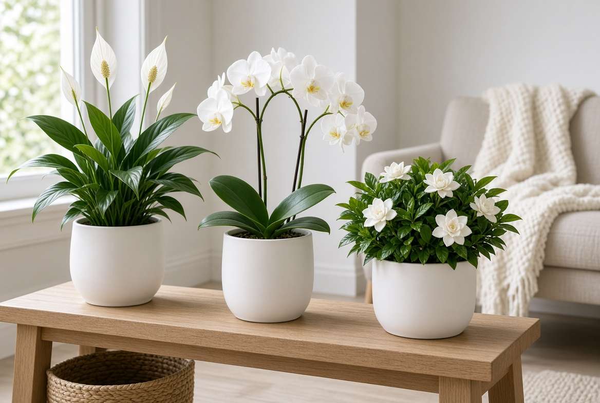 Minimalist Scandinavian living room corner featuring three potted houseplants with white flowers on a wooden bench
