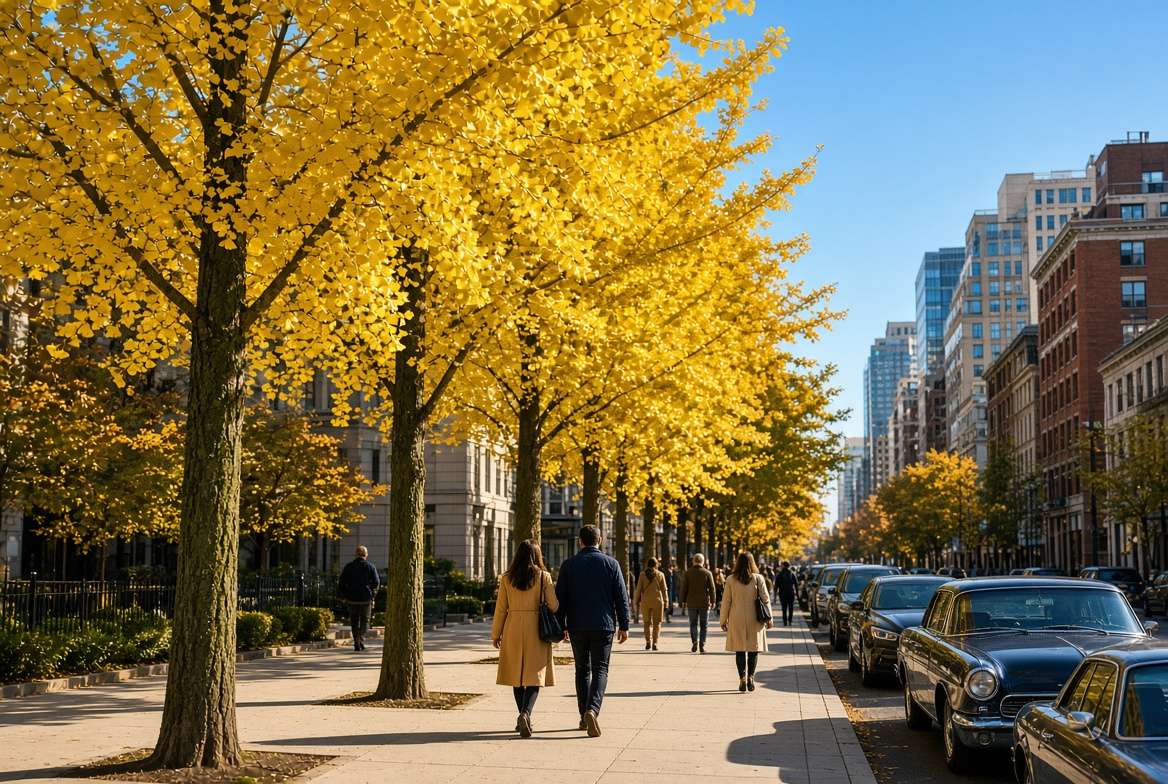 Healthy ginkgo trees thriving as street trees in a busy city in autumn.