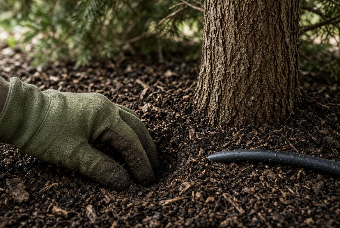 A gardening expert's hand with two fingers inserted deeply into the dark mulch at the base of an arborvitae tree to check soil moisture levels.
