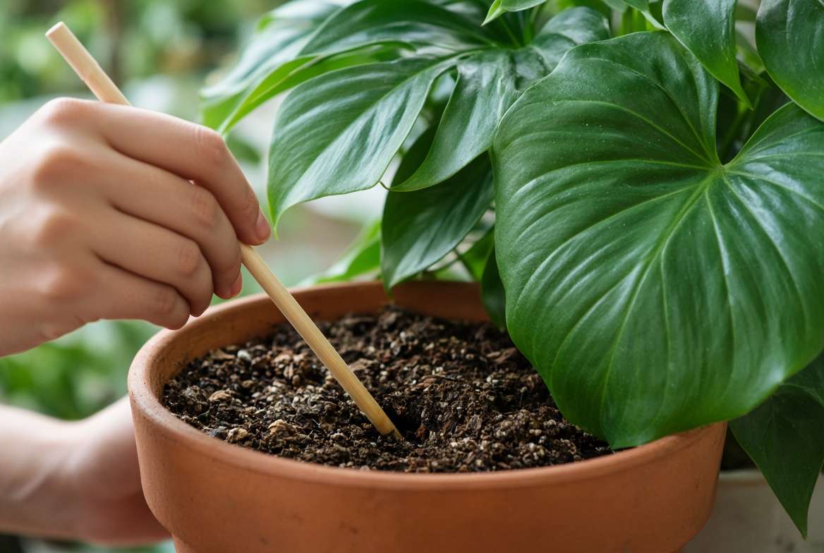A hand checking the soil moisture depth of a large houseplant pot using the wooden chopstick method.