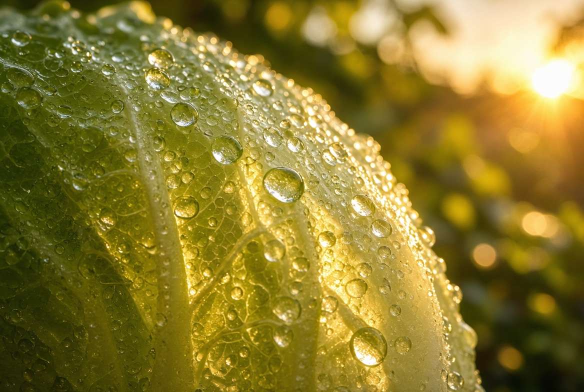 Macro photograph of crisp lettuce leaves with glistening morning dew droplets in golden sunlight