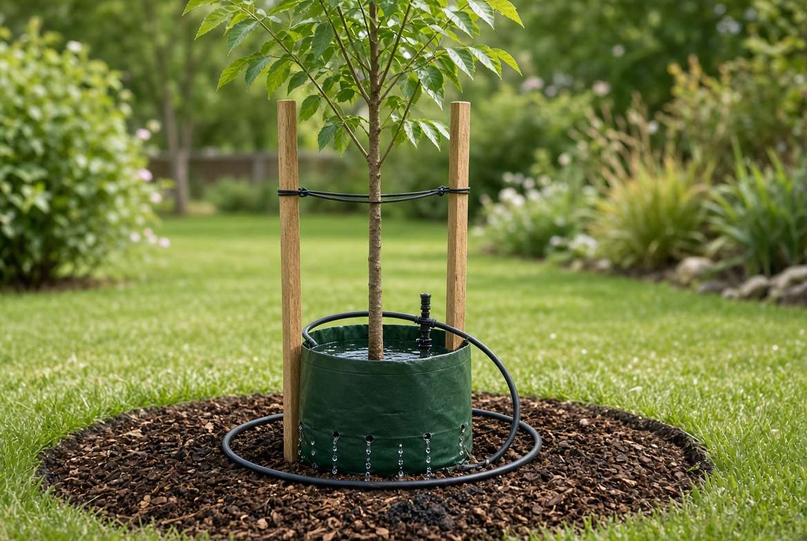 A photograph showing a newly planted young pecan tree utilizing a drip irrigation system and a tree-watering bag.