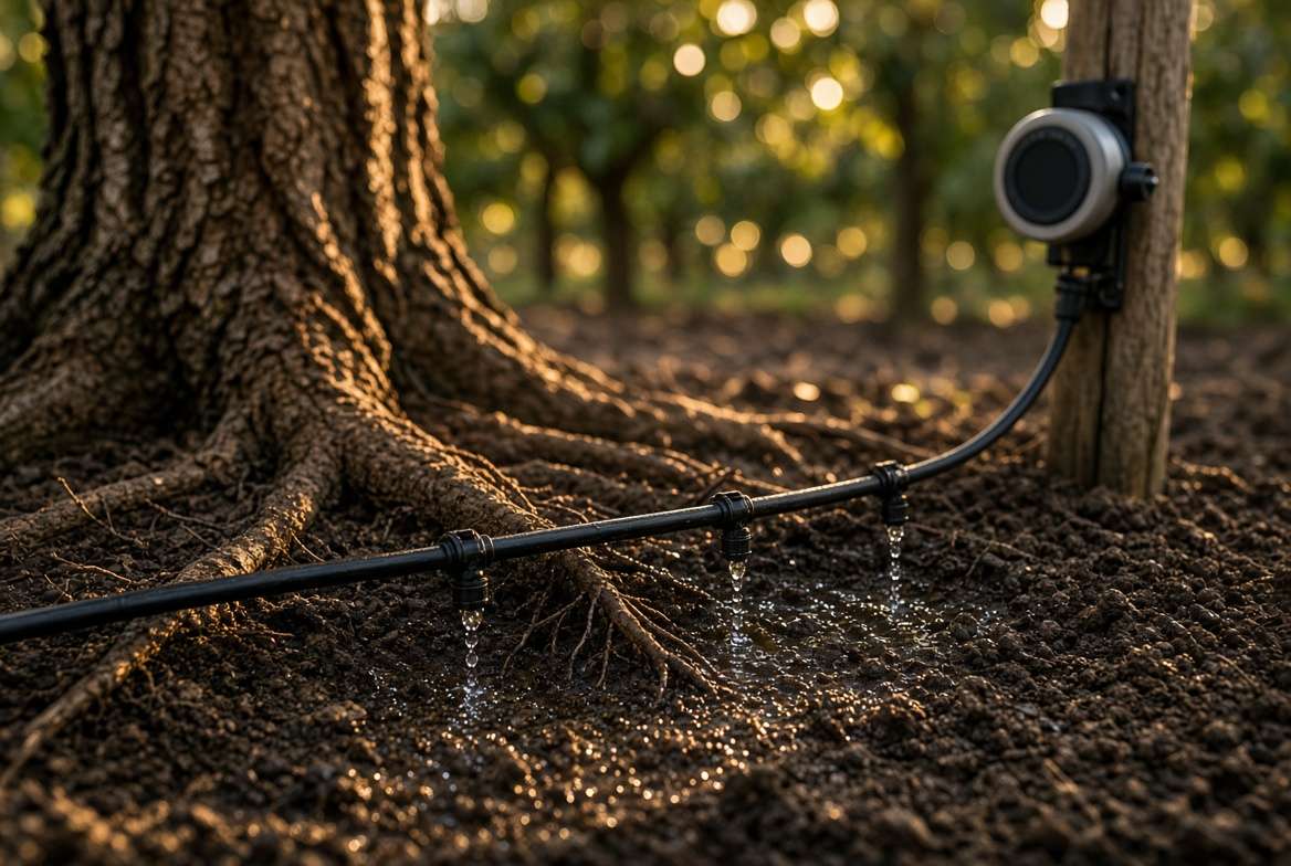 Detailed view of professional drip irrigation emitter watering chestnut tree root zone on a sunny day.