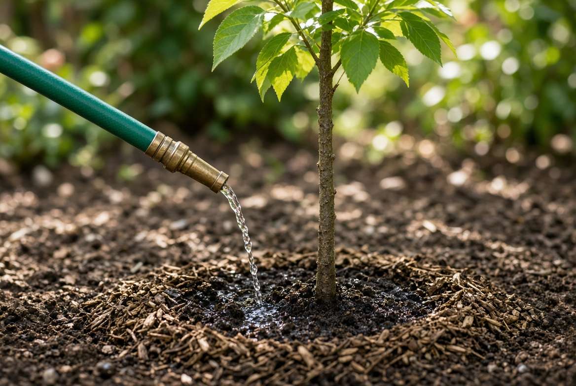 Garden hose providing a slow, deep trickle of water to the roots of a young crabapple tree sapling.