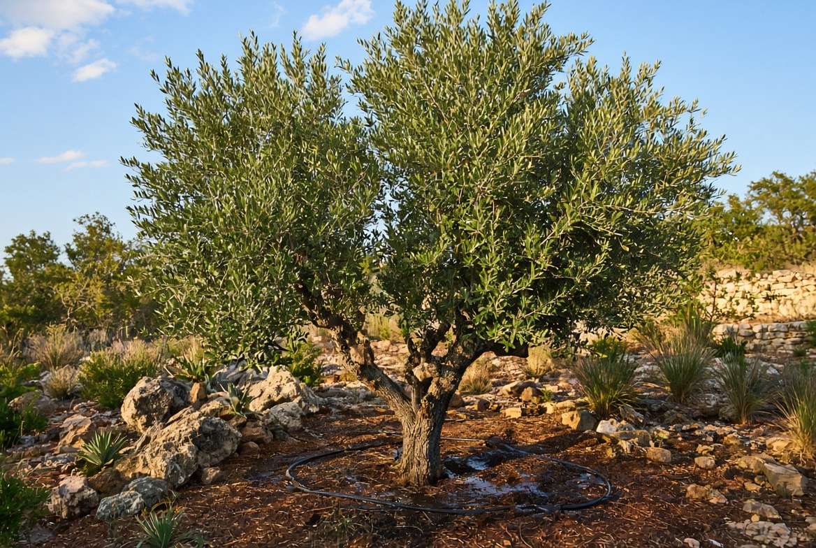 An established olive tree being deeply watered by a soaker hose in a dry Austin rock garden during summer.