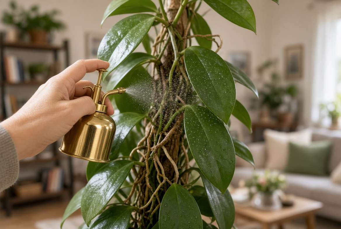 Misting the aerial roots and leaves of a climbing indoor vanilla orchid vine to maintain high humidity.