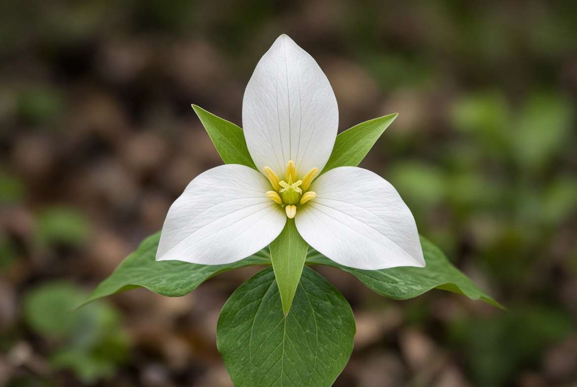 Macrophotograph detailing the three-part flower structure of a white Trillium grandiflorum in a forest.