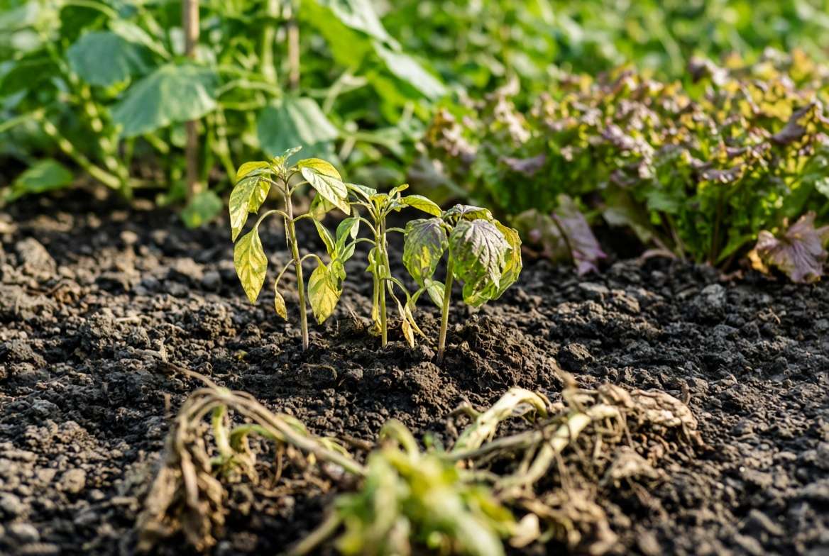 A ground-level photo of young, struggling nightshade seedlings like pepper and eggplant in soil, contrasting with a healthy blurred background garden.